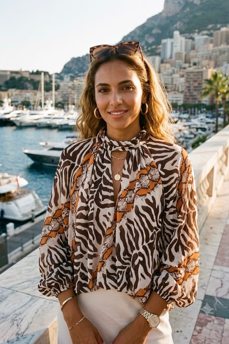 TWISTED HIGHNECK ANIMAL PRINT BLOUSE