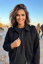 SUEDE SHOULDER BUTTON ZIP-UP JACKET