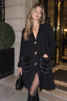 OVERSIZED FAUX-FUR POCKET GOLD BUTTON CARDIGAN