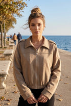 SUEDE SHOULDER BUTTON ZIP-UP JACKET