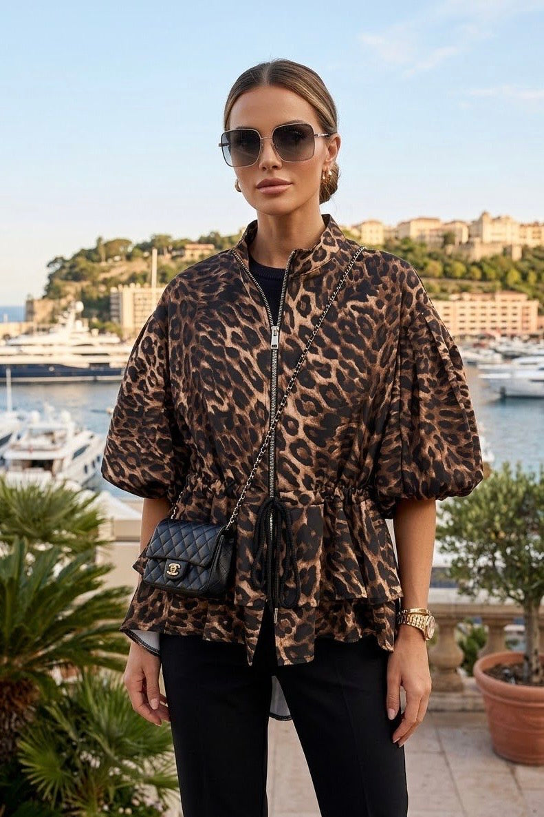 LEOPARD PUFF SLEEVE TIE DETAIL JACKET