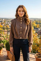 SUEDE SHOULDER PADDED GOLD BUTTON  CROPPED JACKET