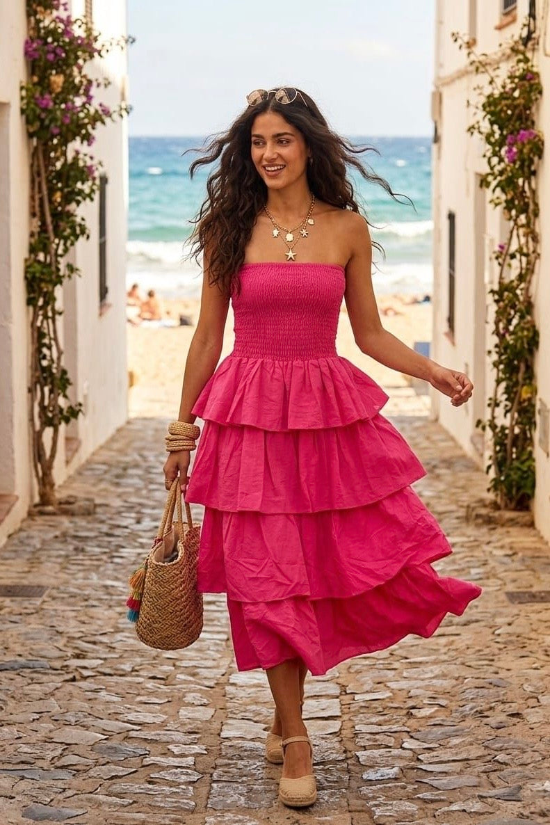 STRAPLESS TIERED MIDI DRESS