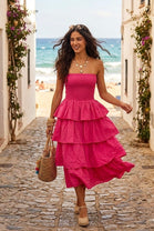 STRAPLESS TIERED MIDI DRESS