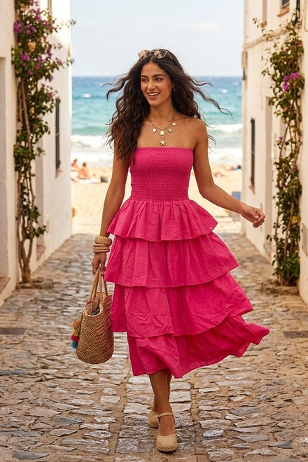 STRAPLESS TIERED MIDI DRESS