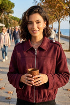 SUEDE SHOULDER BUTTON ZIP-UP JACKET