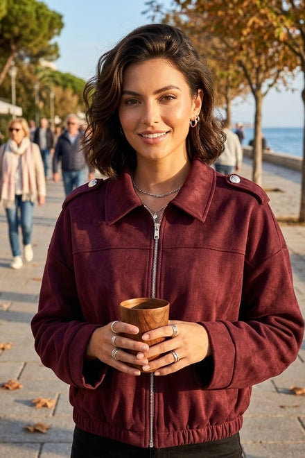 SUEDE SHOULDER BUTTON ZIP-UP JACKET