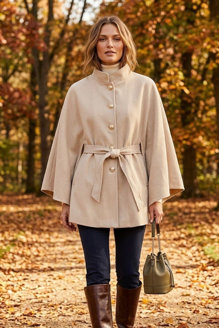 SUEDE BELTED GOLD BUTTON CAPE