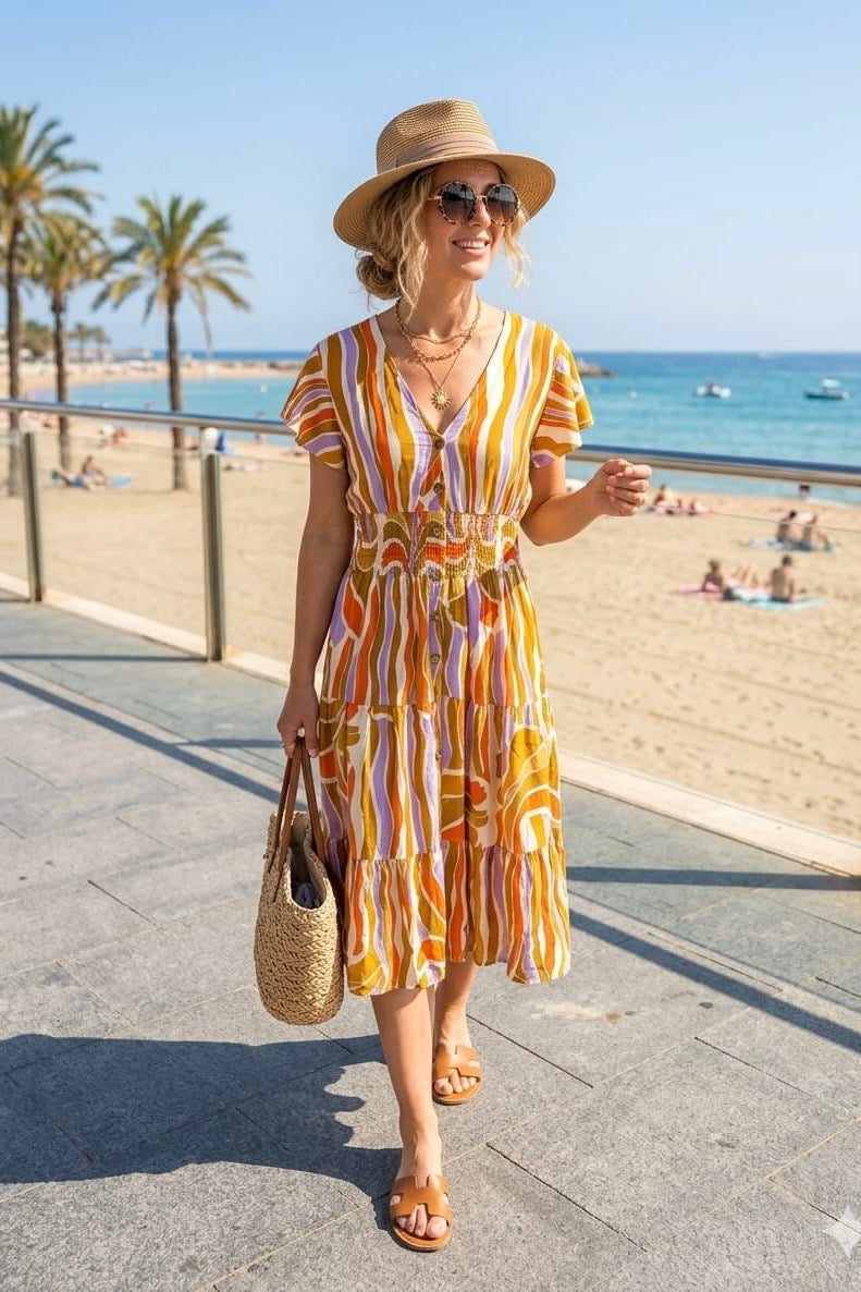 ABSTRACT WAVY PRINT MIDI DRESS(MIXED COLOUR PACK)