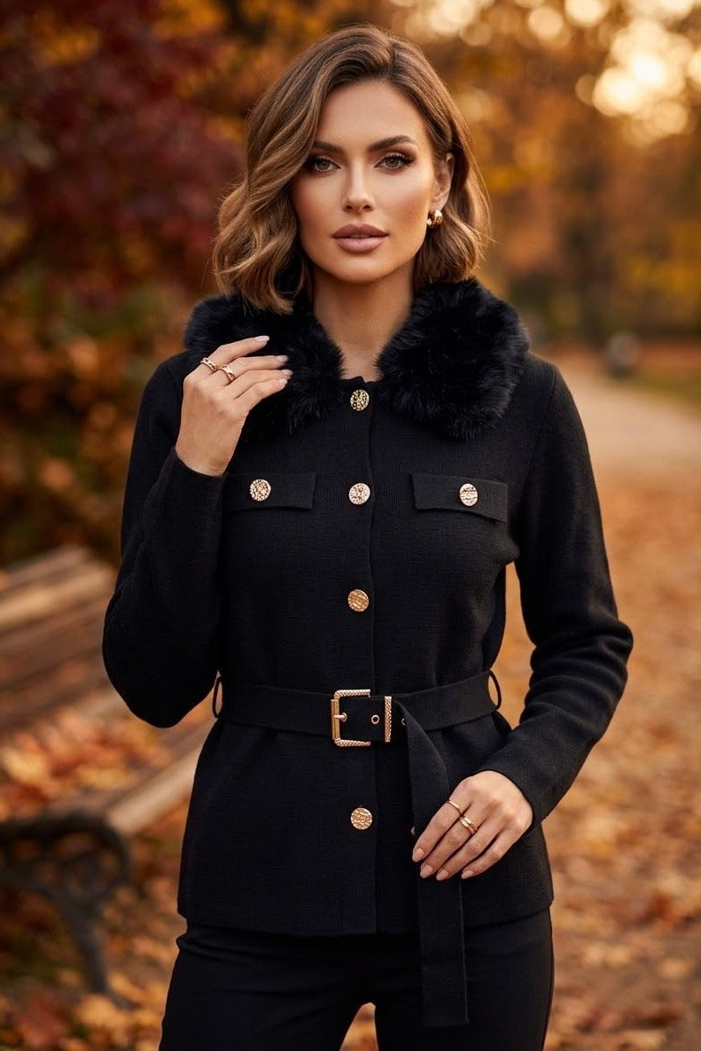 FAUX-FUR COLLAR BELTED GOLD BUTTON JUMPER