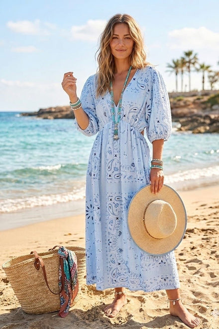 PRINTED COTTON V-NECK DRESS