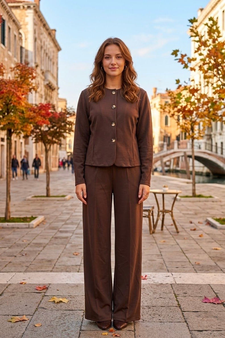 BUTTON-UP JACKET AND WIDE LEG TROUSER SET