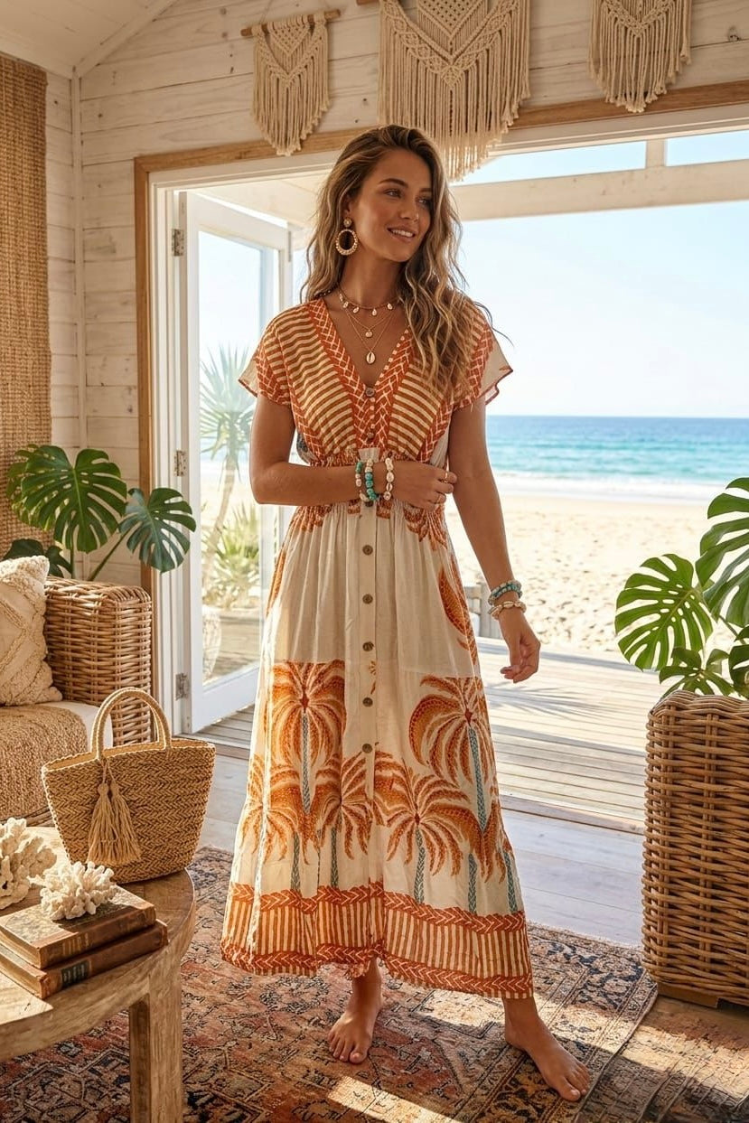 PALM TREE PRINT BUTTON DETAIL MAXI ( MIX COLOUR PACK )