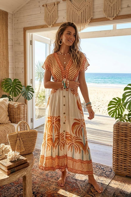 PALM TREE PRINT BUTTON DETAIL MAXI ( MIX COLOUR PACK )
