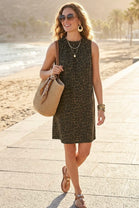 LEOPARD PRINT RUFFLE NECK SLEEVELESS DRESS