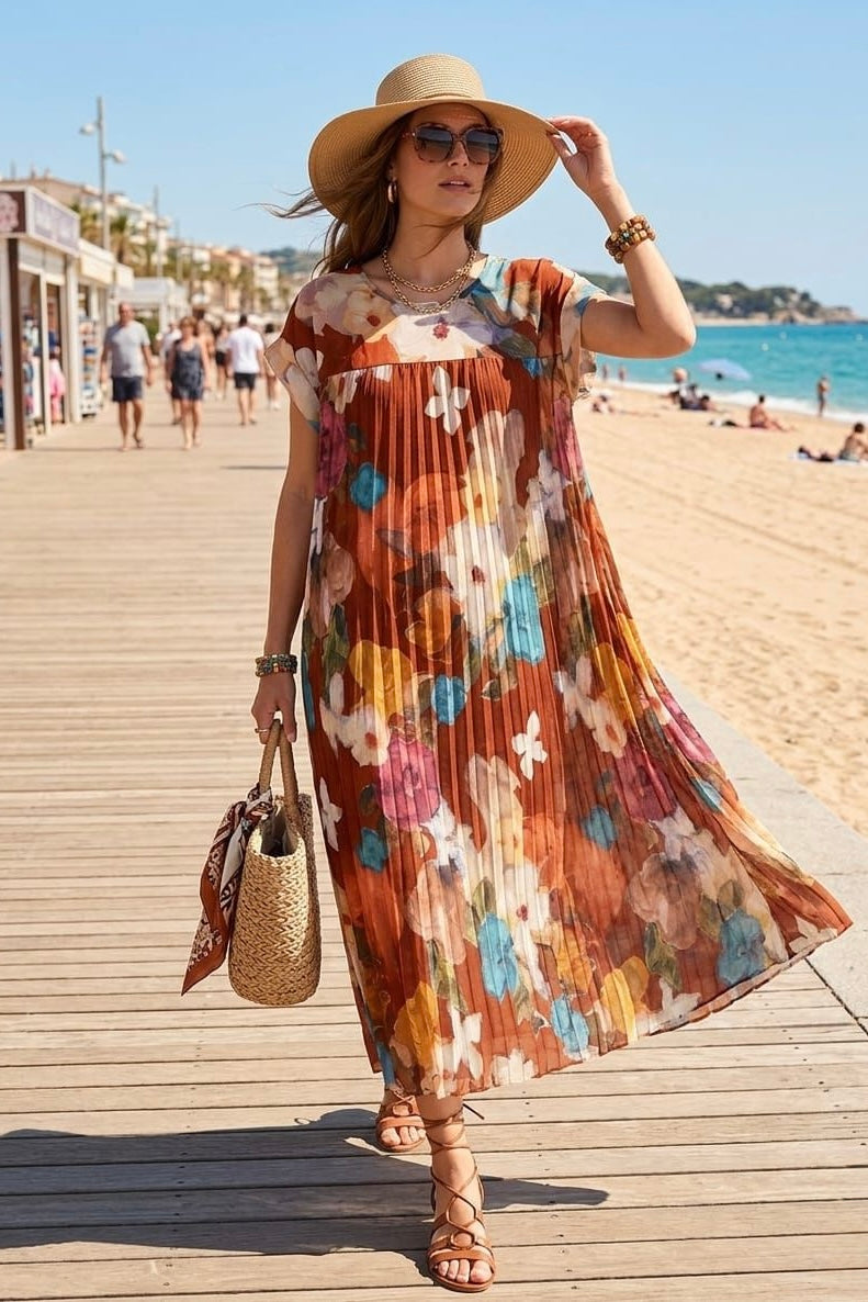 PLEATED FLORAL PRINT MAXI