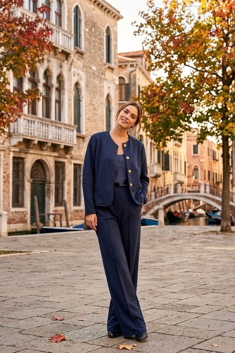 BUTTON-UP JACKET AND WIDE LEG TROUSER SET