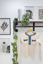 GOLD BUTTON DENIM TEXTURED KNIT TOP (15313785454976)