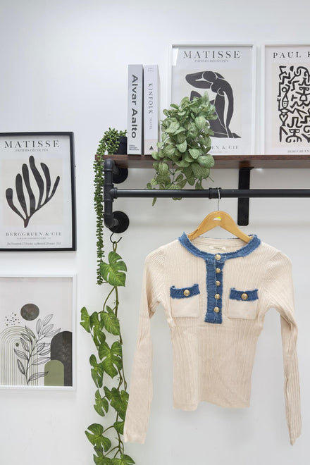 GOLD BUTTON DENIM TEXTURED KNIT TOP (15313785454976)