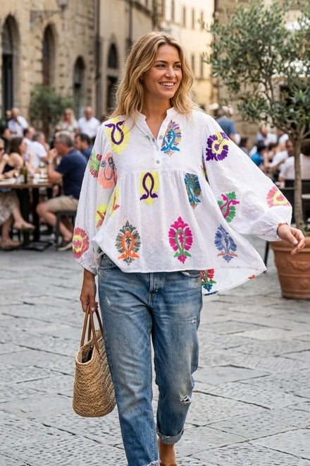 TEXTURED COTTON EMBROIDERY BLOUSE