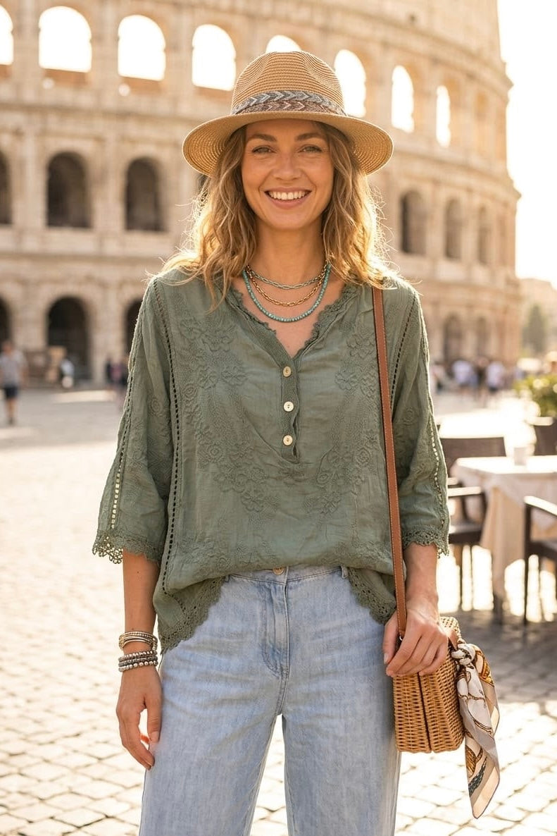 EMBROIDERED BUTTON DETAIL BLOUSE