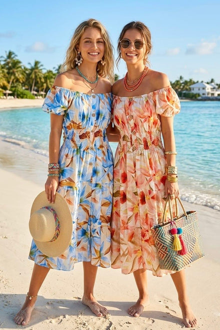 ABSTRACT FLORAL OFF SHOULDER DRESS(MIXED COLOUR PACK)