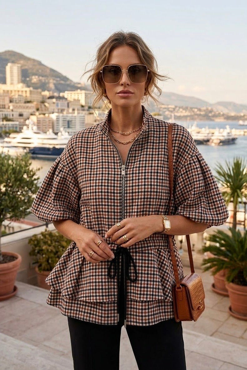 CHECKERED PUFF SLEEVE TIE DETAIL JACKET