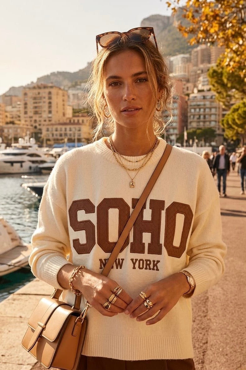 SOHO LEATHER PATCH SLOGAN JUMPER