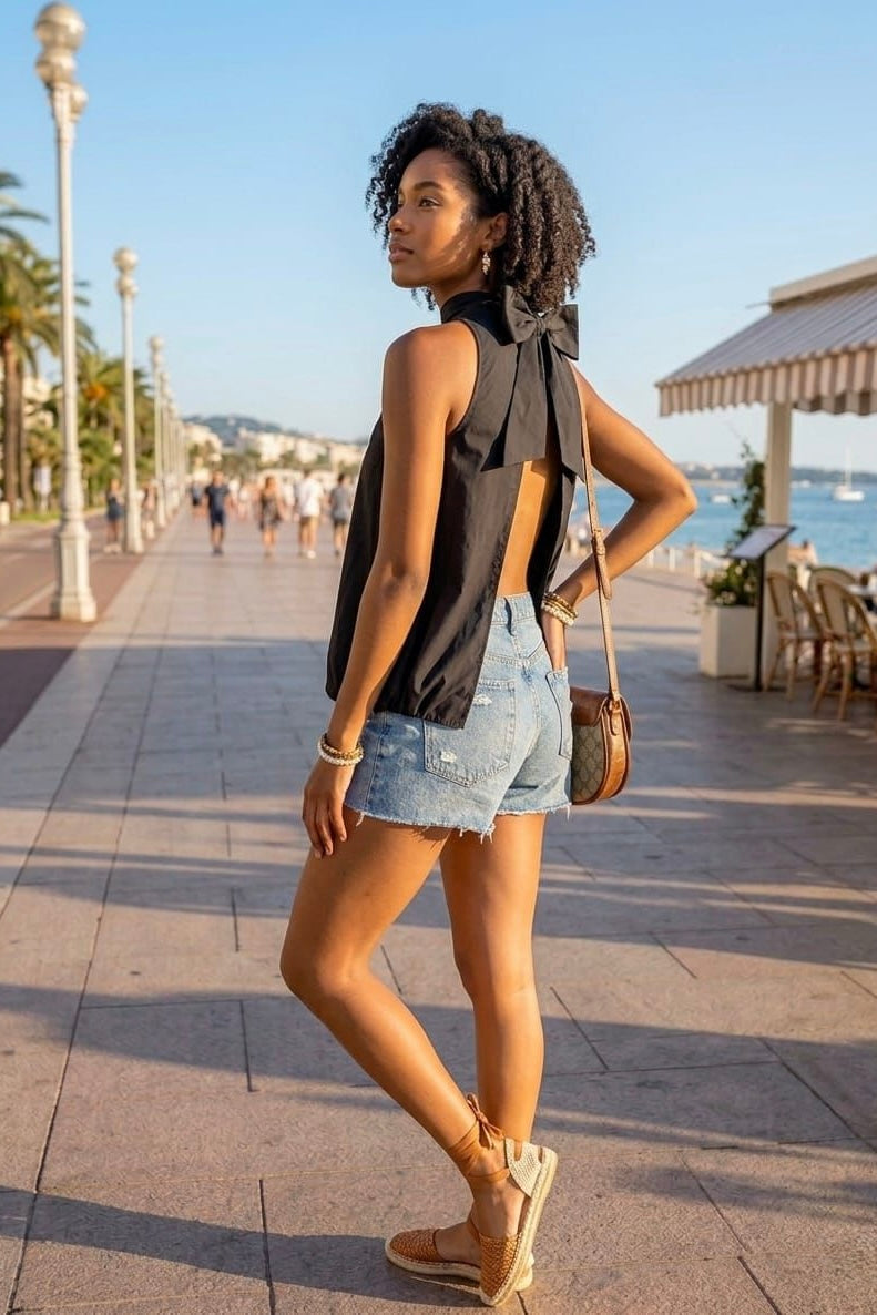 HIGHNECK BACKLESS BOW BLOUSE