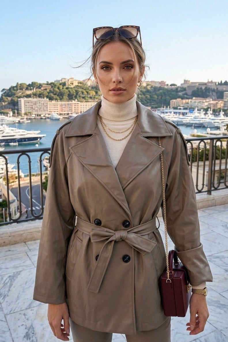 BELTED DOUBLE-BRESTED LEATHER JACKET