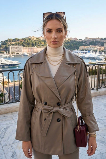 BELTED DOUBLE-BRESTED LEATHER JACKET