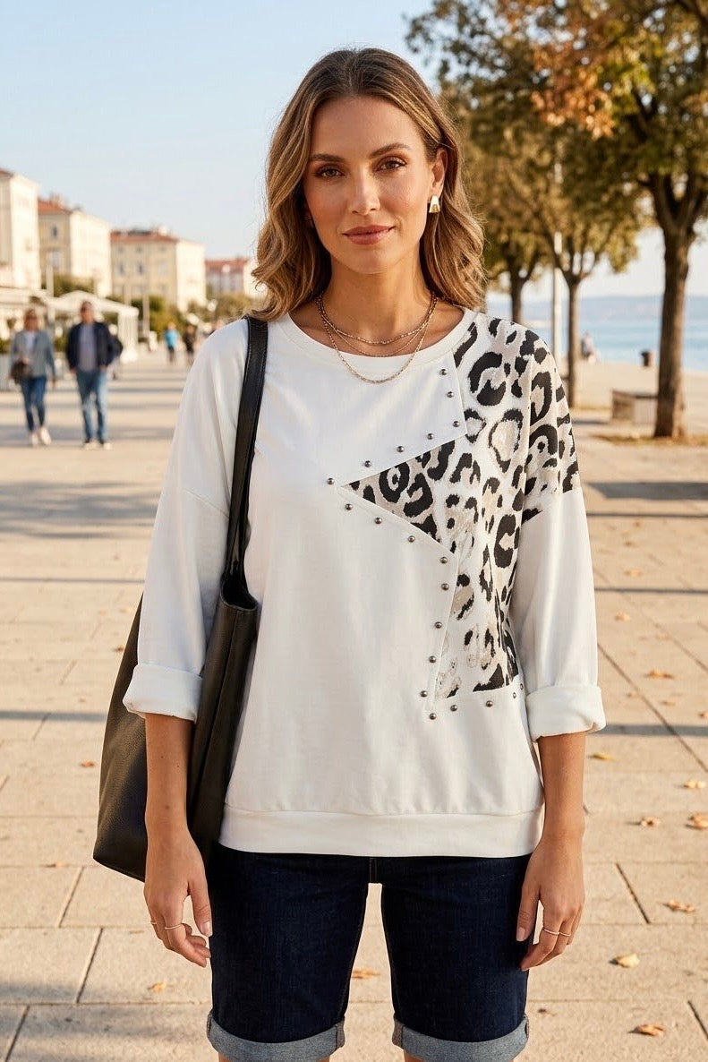 STUDDED LEOPARD PRINT PANEL SWEATSHIRT