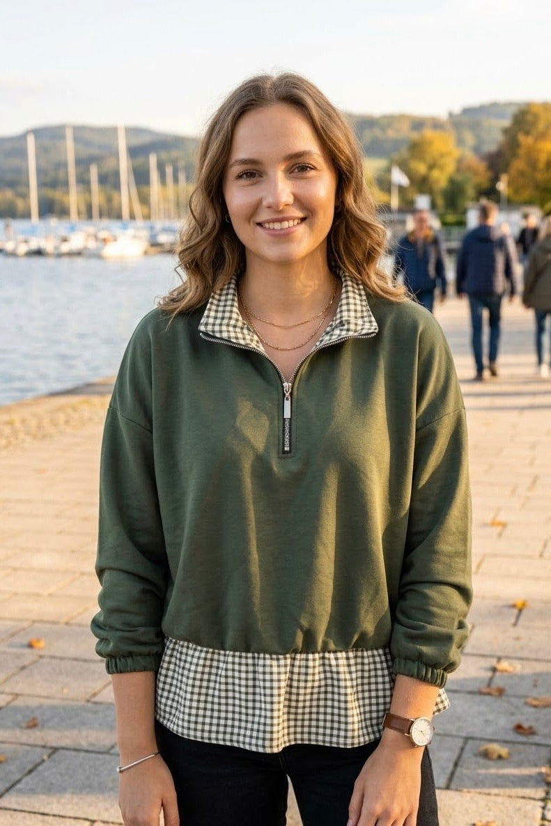 HALF-ZIP GINGHAM-TRIM 2-IN-1 SWEATSHIRT