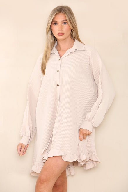 GOLD BUTTON PLEATED LONG SLEEVE OVERSIZED SHIRT (8027076919544)