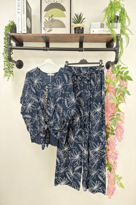 EMBROIDERED BUTTON TIE LOUNGE CO-ORD SET (15227953054080)