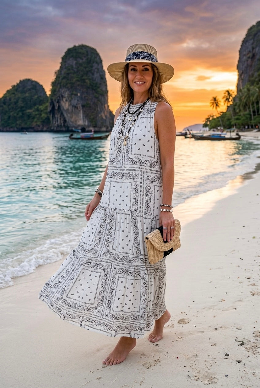 BANDANA PRINT RUFFLE NECK MAXI