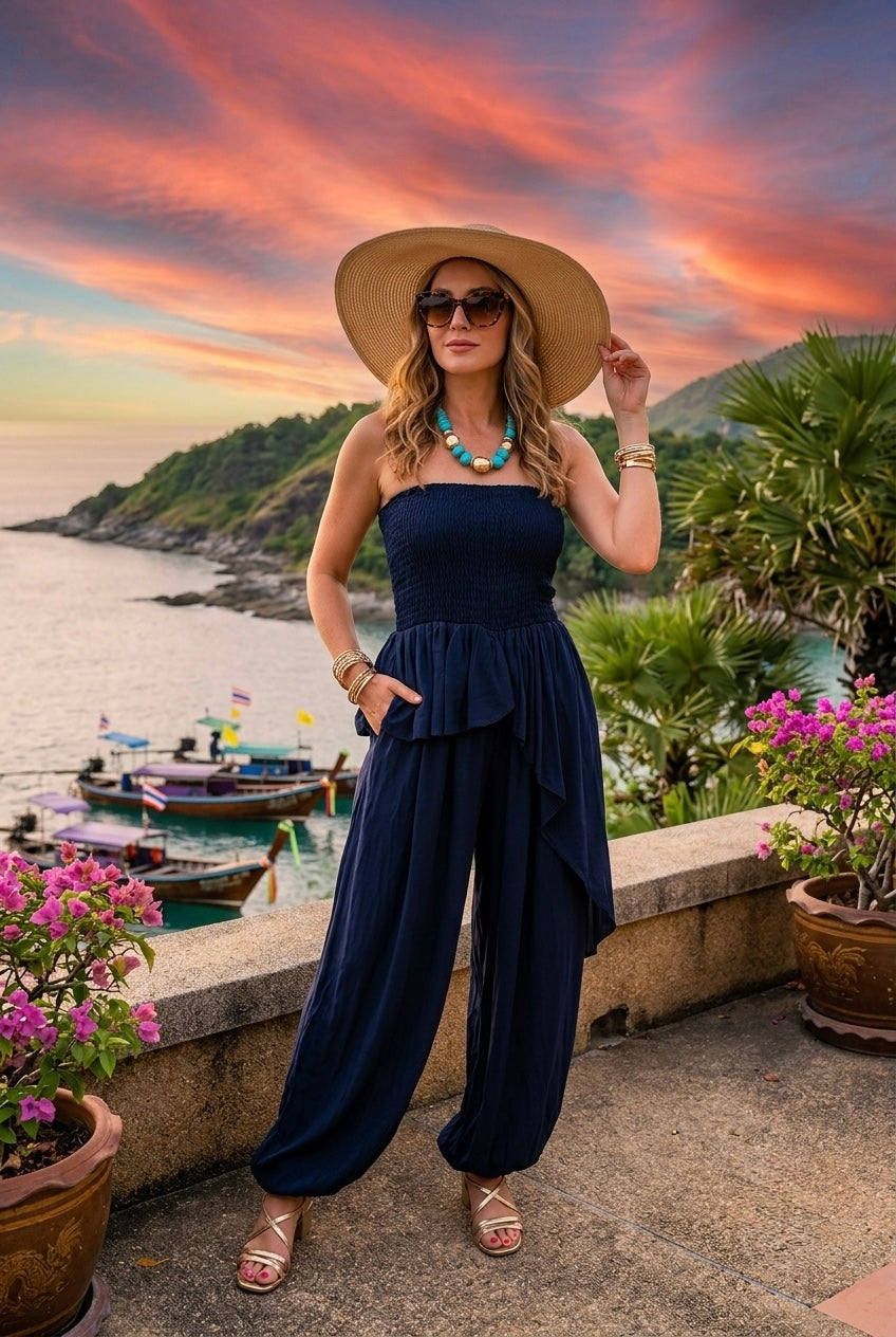 BANDEAU ASYMMETRIC PEPLUM JUMPSUIT
