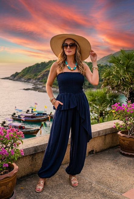 BANDEAU ASYMMETRIC PEPLUM JUMPSUIT