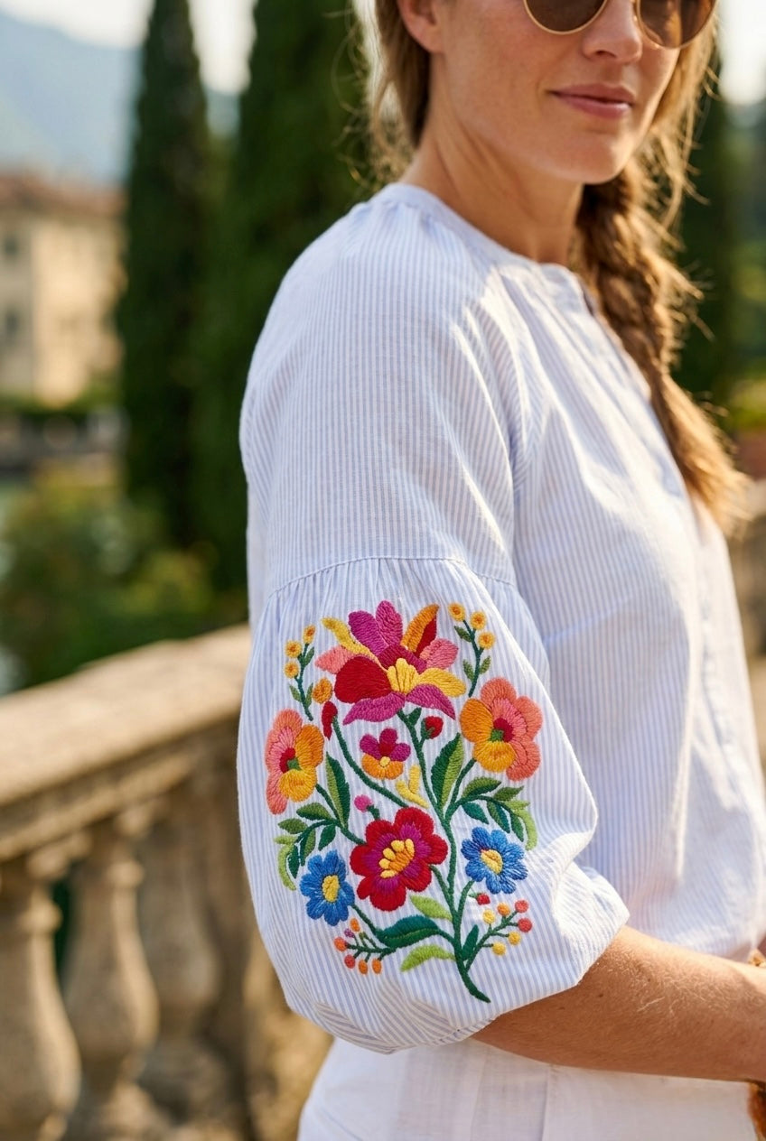 FLORAL EMBROIDERY STRIPE PUFF SLEEVE BLOUSE