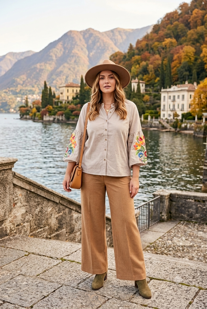 FLORAL EMBROIDERY STRIPE PUFF SLEEVE BLOUSE
