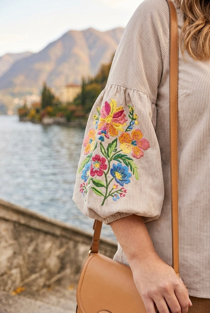FLORAL EMBROIDERY STRIPE PUFF SLEEVE BLOUSE
