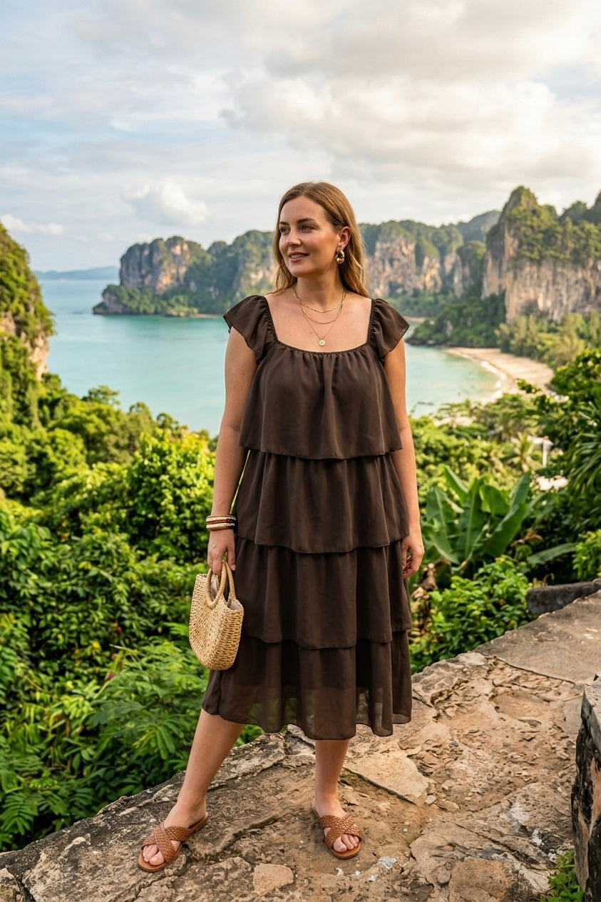 SQUARE NECK TIERED MIDI DRESS