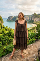 SQUARE NECK TIERED MIDI DRESS