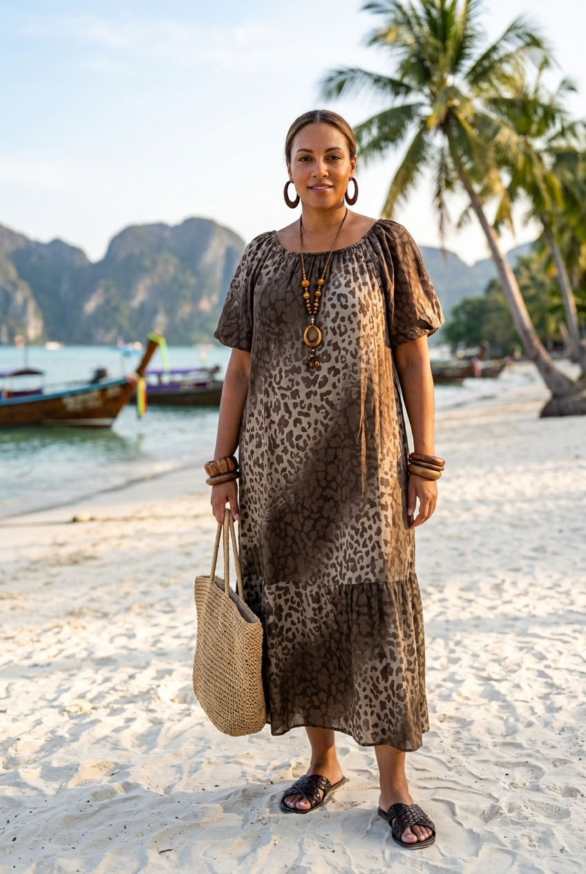 PUFF SLEEVE LEOPARD PRINT BEACH DRESS