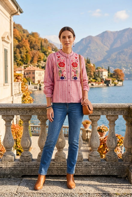 FLORAL EMBROIDERED STRIPPED SHIRT