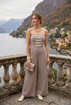 STRAPLESS MILITARY DETAIL WIDE LEG JUMPSUIT