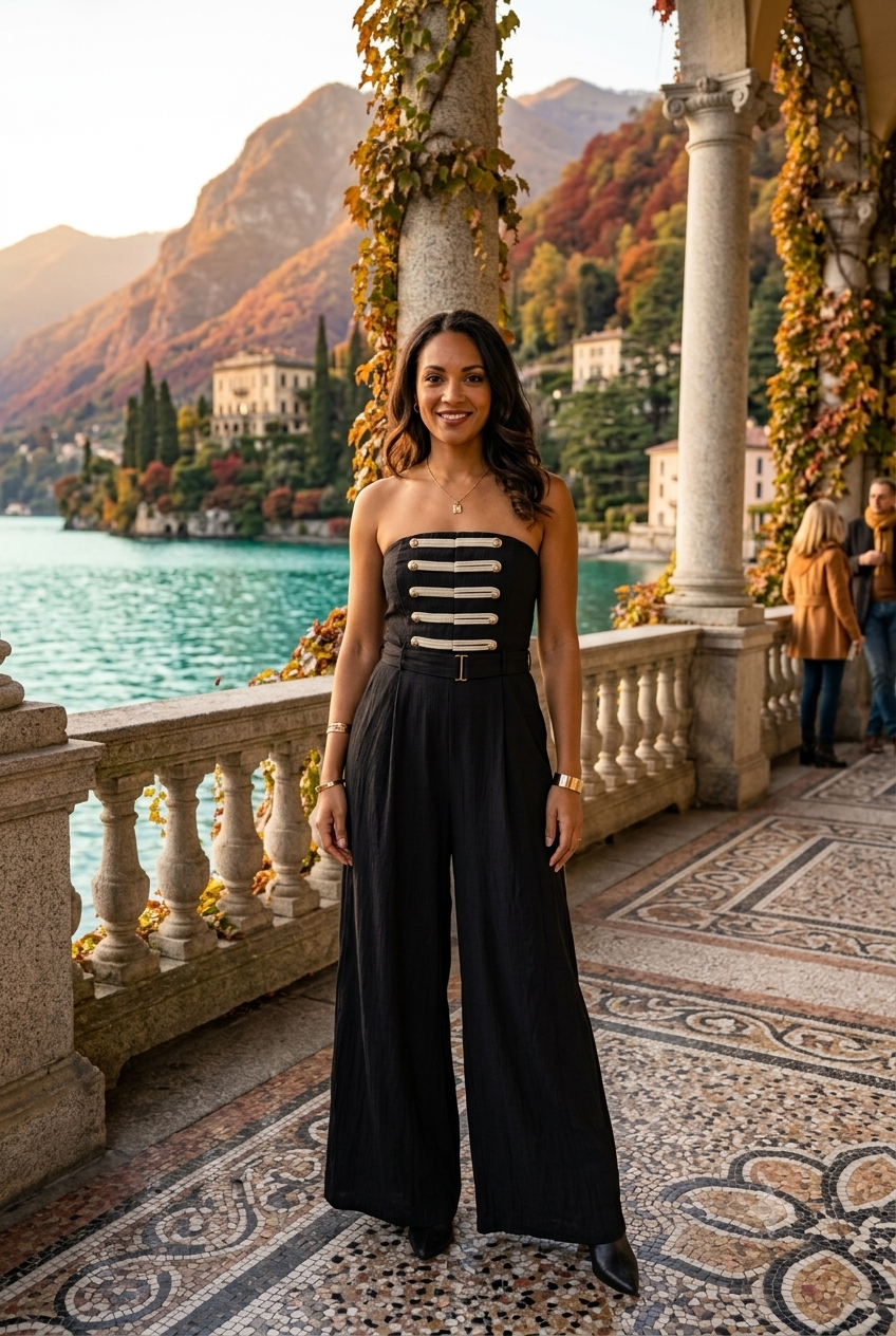 STRAPLESS MILITARY DETAIL WIDE LEG JUMPSUIT
