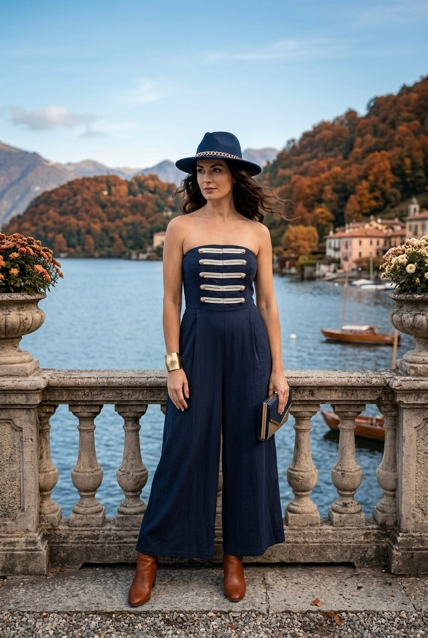STRAPLESS MILITARY DETAIL WIDE LEG JUMPSUIT