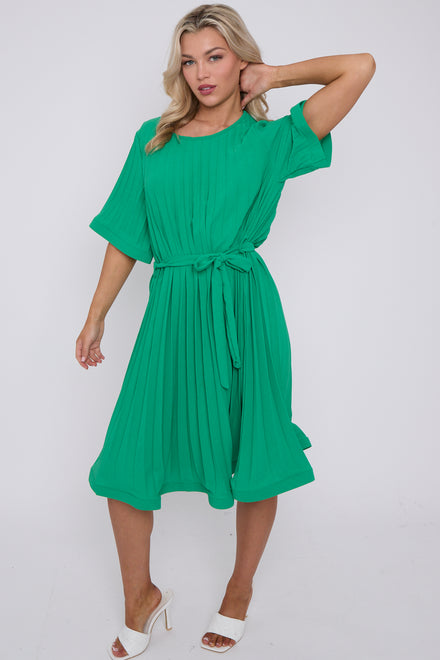 PLEATED BELTED DRESS (8494290206968)