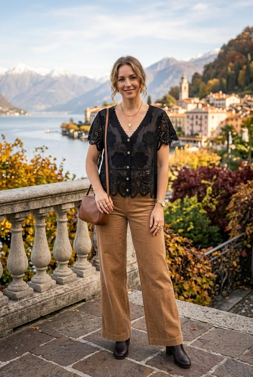 BRODERIE ANGLAISE V-NECK BUTTON DOWN TOP